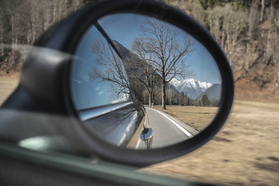 Capturing snowy mountains and trees through a car's side mirror during a scenic drive.